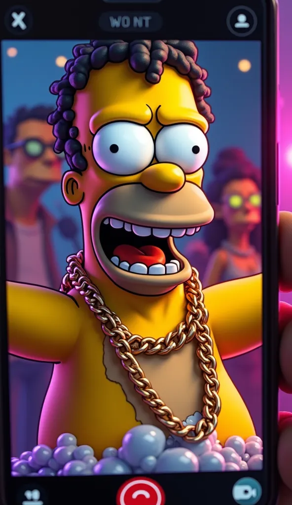 create me an image of homer simpson with grillz and gold chains having a party with people in the background and the camera focusing on homer as if he was filming himself on his mobile phone with a fish eye lense