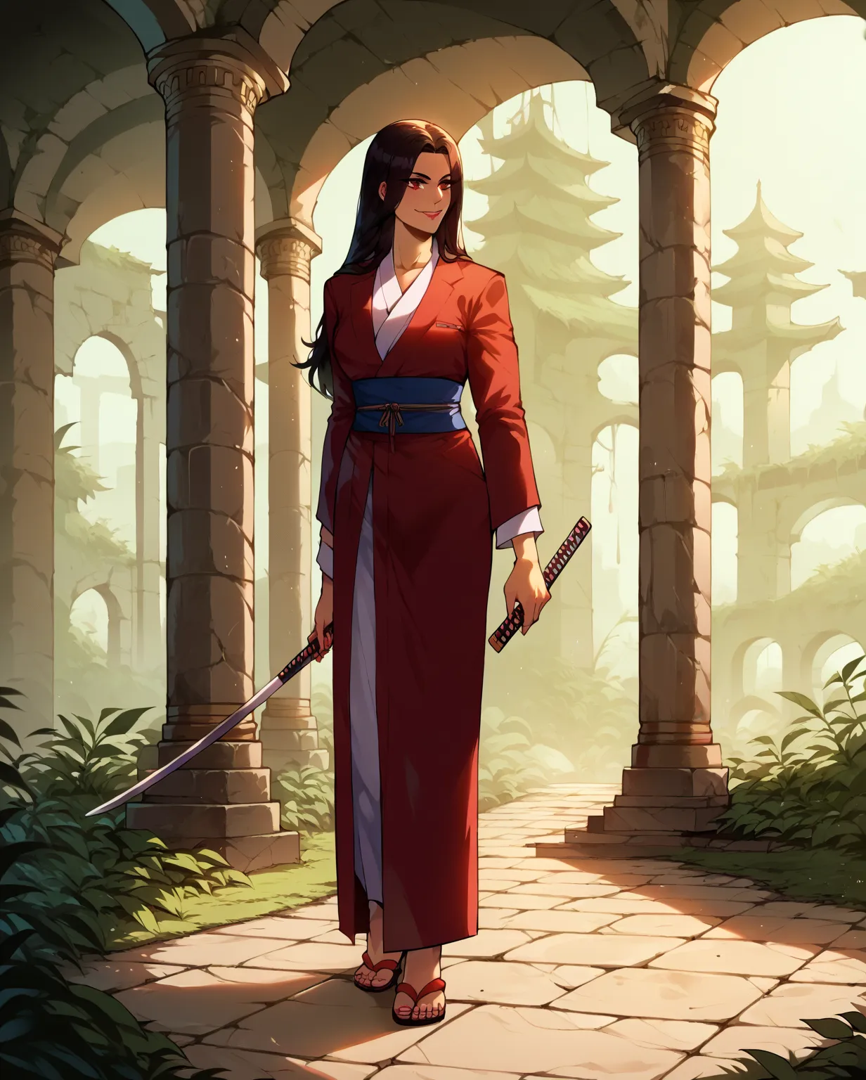 beautiful woman, pretty face, suit, katana, modern samurai, woman, long hair, full body, coat, smoking, young, muscular, smile, wielding japanese sword, ruins, dark stone walls, swamp vibe, main character energy, detailed face, high quality, beautiful woma...