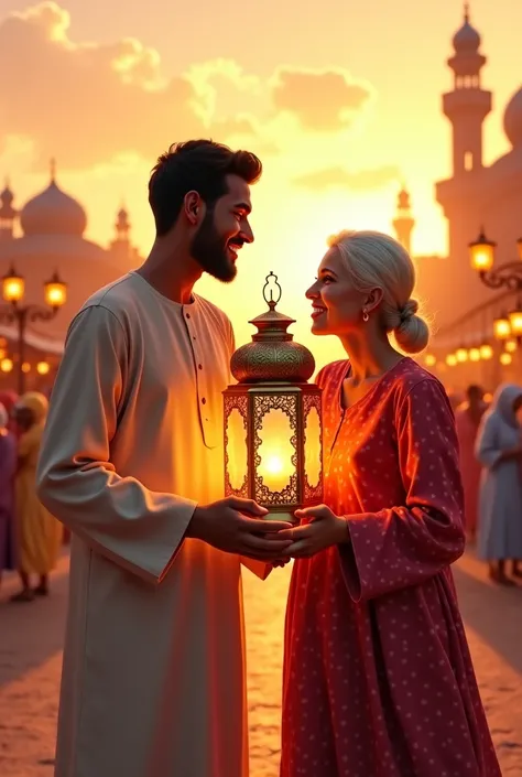 A Sudanese  and his mother are happy to carry a Ramadan lantern 