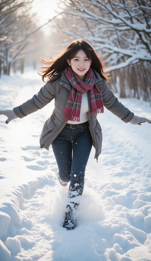 A young Japanese woman, full of energy and joy, runs and jumps along a snow-covered path, her movements light and effortless. She wears a stylish winter coat, a cozy knit scarf, and warm gloves, perfectly suited for the chilly weather. As she leaps over a ...