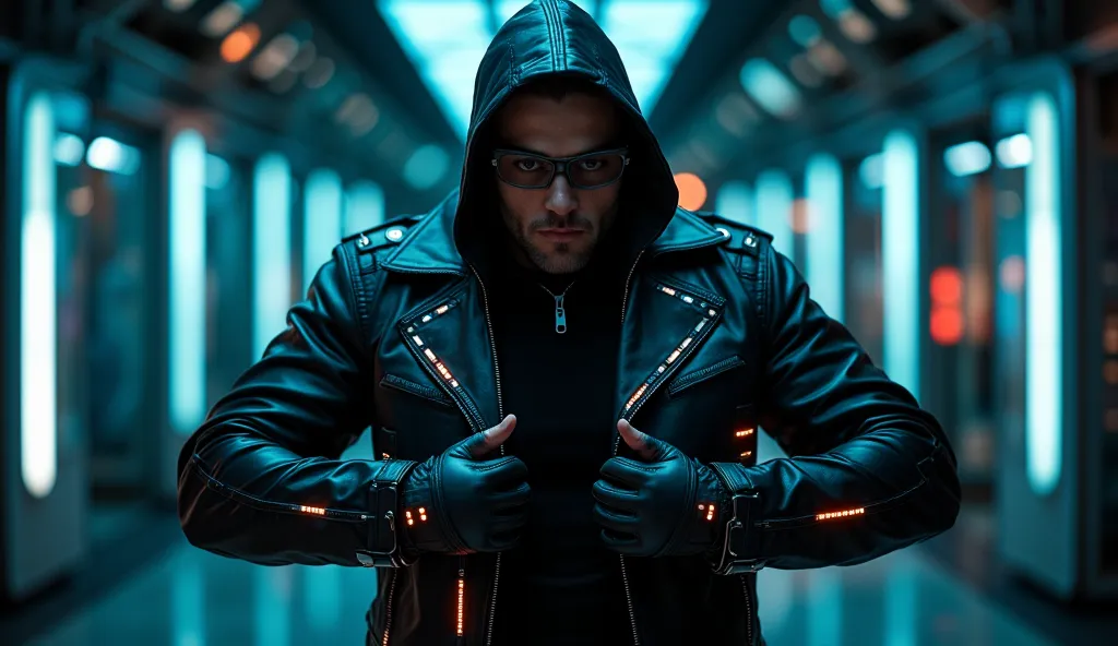 A cyberpunk gangster in a dark, high-tech leather jacket embedded with glowing LED circuits. He throws on the jacket in slow motion, and small energy indicators light up on his sleeves as he flexes his arms. The background features a neon-lit room with adv...