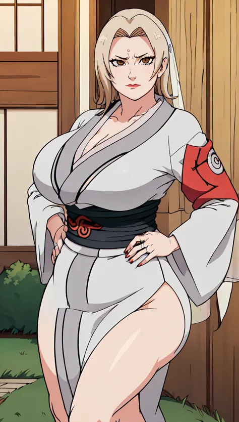 (((1girl))),((alone)), Tsunade senju,(masterpiece), (best quality), (ultra detailed), (best illustration), (best shadow), (absurdities), sharp focus, cowboy photo , looking at the viewer, saggy big breasts, wide hips, medium thighs, round butt, naughty fac...