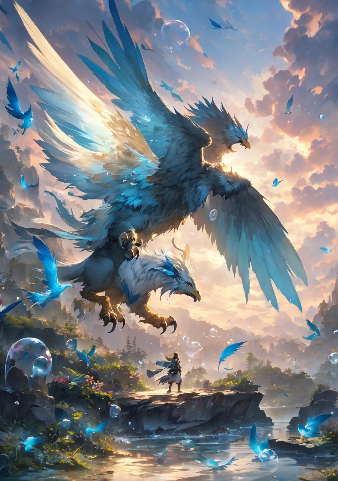 nature and water ,  Creature, Gryphon with blue feathers,  Anime Fantasy Illustrations ,  anime fantasy art , beautiful fantasy anime, Bubble