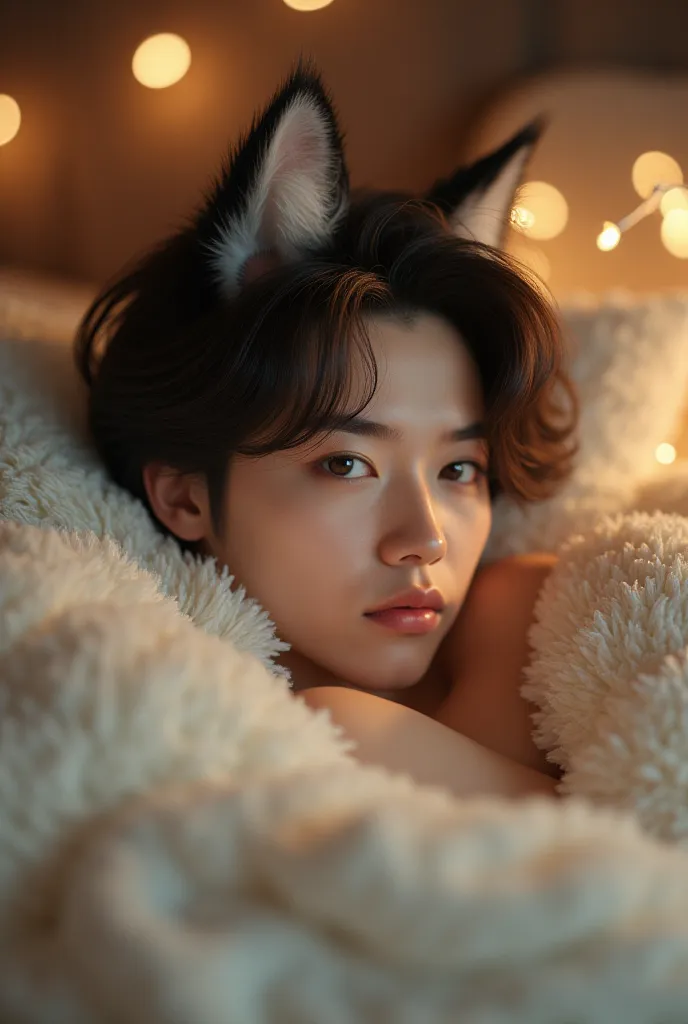 Handsome man with the appearance of a Korean, with fox ears,wavy hair style Mullet lying in bed wearing shorts 