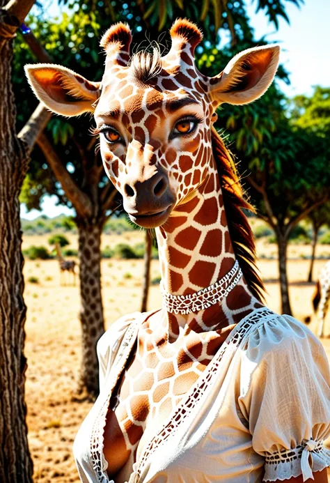 Giraffe woman, savanna