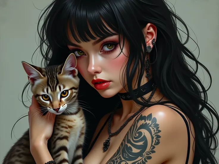 Create a black-haired woman, piercing no rosto,  tattoo on arms , shorty, With an animal 