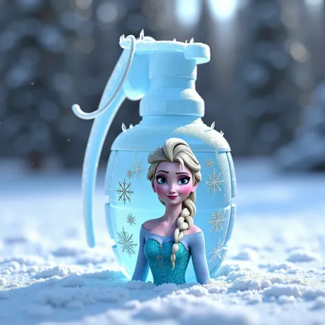 A hand grenade covered with ice decorations, with a picture of Elsa from Frozen