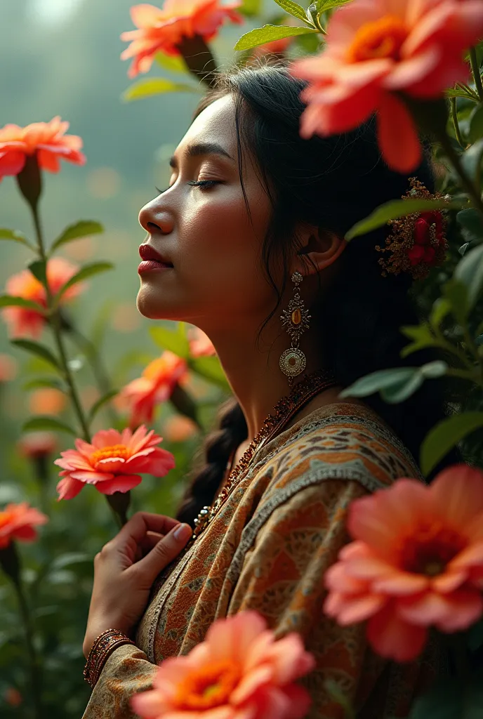 Inca woman(Peru),Lying among large flowers that cover your body,With his face looking up to the sky,with an expression of tranquility and peace ,The face in profile position