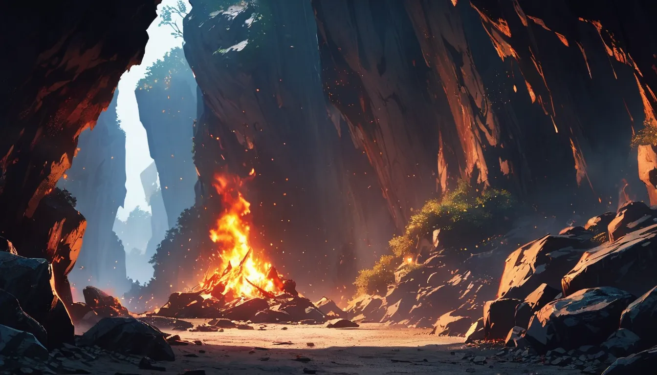 Masterpiece, scenery, no characters, no people, dark cave, close up, fire, afternoon, rocks, anime_source, fire particles, detailed, high quality