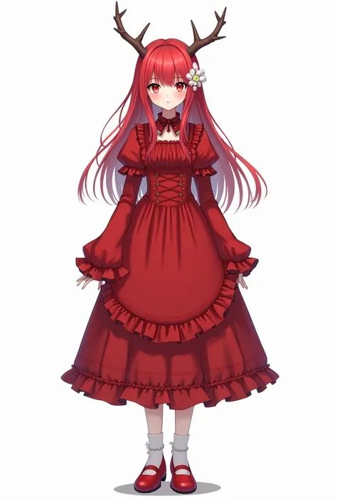 1girl, apron, bow, button eyes, closed mouth, colored sclera, colored skin, dress, full body, hair ornament, heterochromia, juliet sleeves, long hair, long sleeves, looking at viewer, mary janes, pale skin, puffy sleeves, rabbit hair ornament, red dress, r...