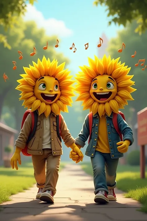 Two sunflower plant students from PVZ are happily walking from school, with men's student clothes, SHOE, backpack on the back, Music symbols in the Air