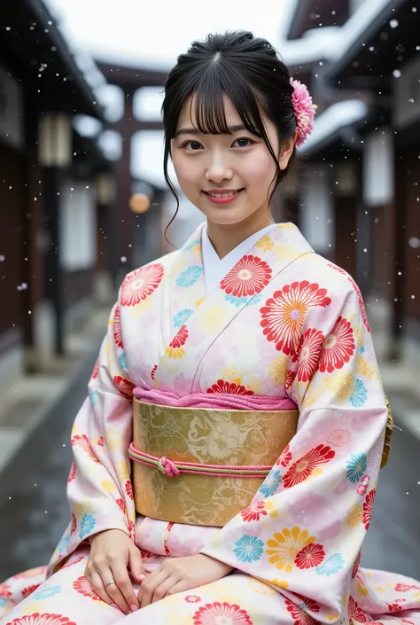A petite young Japanese woman in her 20s wearing a modern kimono and smiling happily is sitting in front of the torii gate of a snowy shrine, with her arms folded behind her back and her legs spread wide to the sides in an M-shaped split, showing off her f...