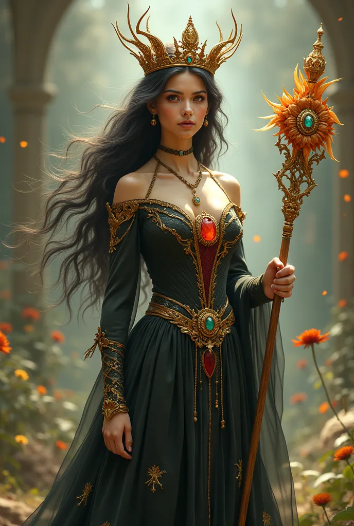 Create a being that would be a mixture of a beautiful woman with a stingless bee with a black abdomen and a reddish chest. She's wearing a crown and holding a staff 