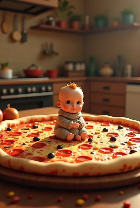 a human baby sitting on huge size pizza 