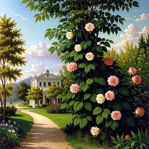 William-Adolphe Bouguereau style, oil painting, garden, roses, bushes, house, greenery, trees, romanticism oil painting, outdoor, nature, vibrant colors, lush, flowers, scenic, natural setting, summer, serene, peaceful, landscape,