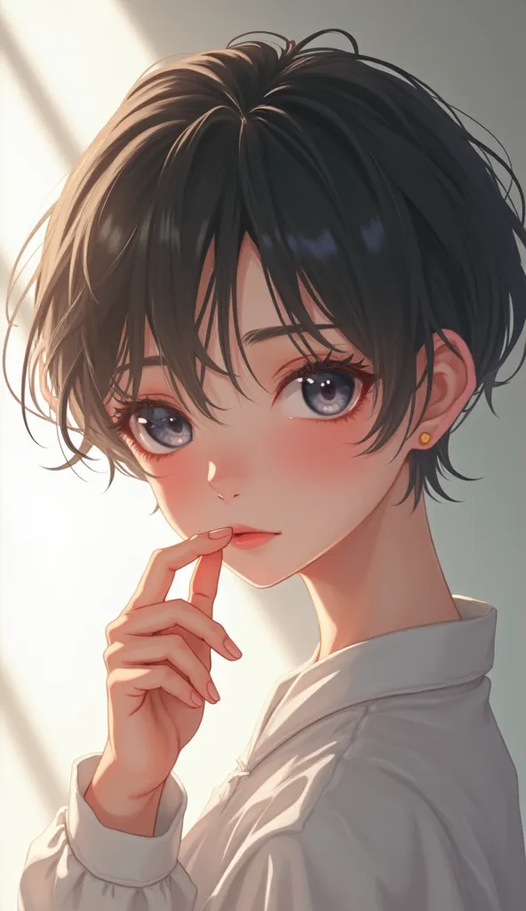 A young boy looking like an anime girl is using the back of his hand to wipe his mouth.