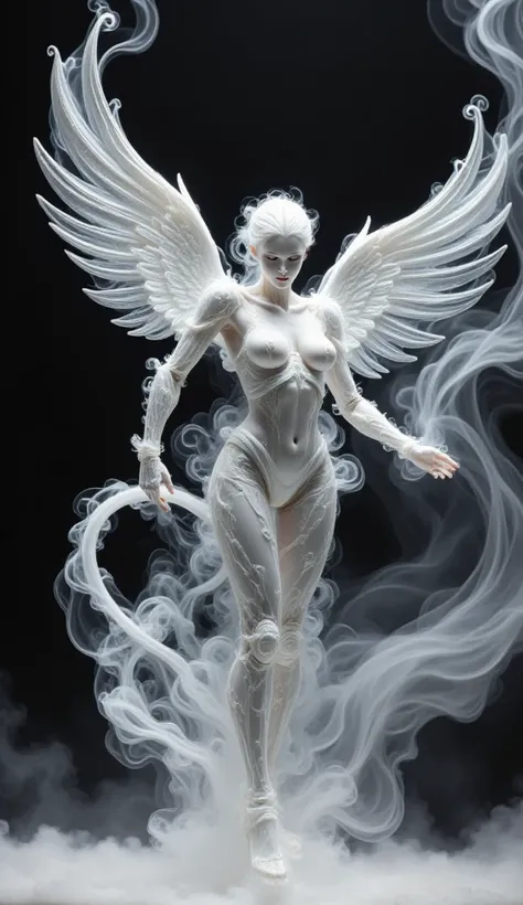 design a happy dancing living mechanical model，full body，Imagine，Angel Face，  devil figure，Dynamic dance，black and white angel