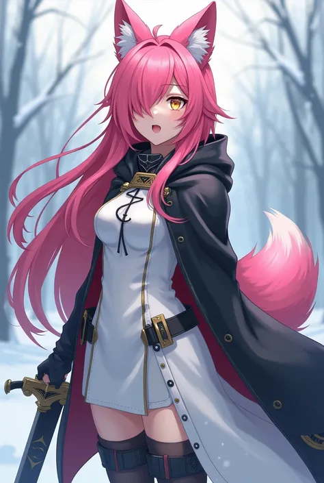 (maximum quality, better quality,  official art , beautiful and aesthetic :1.2) female anime, wolf girl, rebellious girl, long pink hair with bangs covering the right side of the face,  golden eyes, pink wolf ears, voluminous pink tail,  voluminous white c...