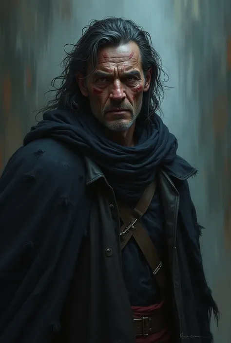 a rebel tale, true but obscure, portrait of a dark hero, dramatic figure, marked face, intense expression, challenging stance,  penetrating look, aged skin, torn clothes, blurry background, dramatic lighting, dark tones, cold color palette, OIL PAINTING, c...