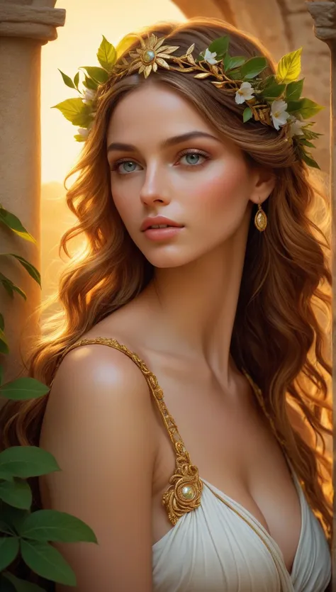 (best quality,4k,8k,highres,masterpiece:1.2), ultra-detailed, (realistic,photorealistic,photo-realistic:1.37), portraits, HDR, Greek mythology, beautiful goddess Venus portrait, perfect DNA, detailed eyes, detailed lips, stunning beauty, flowing golden hai...