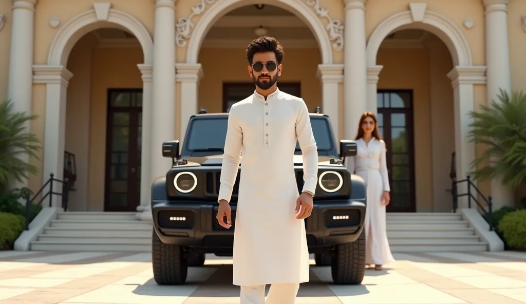 Generate 3d cartoon style image of A young man wearing a crisp white shalwar kameez, and a young indian women wearing white saari both standing confidently next to a sleek black Thar SUV. He is wearing stylish black sunglasses, adding a cool and sophistica...