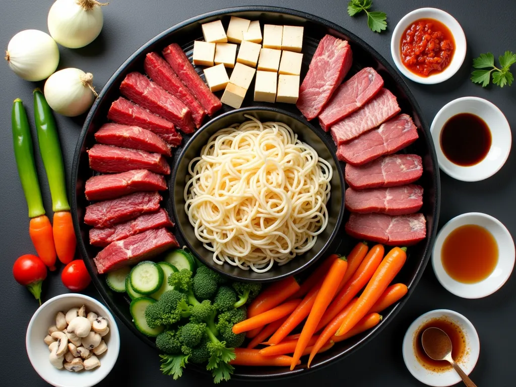 An overhead shot of a colorful spread of Mongolian BBQ ingredients: thinly sliced beef, chicken, pork, tofu, vibrant vegetables (onions, bell peppers, carrots, mushrooms), a bowl of rice noodles, and small dishes of soy sauce, garlic, ginger, and chili pas...