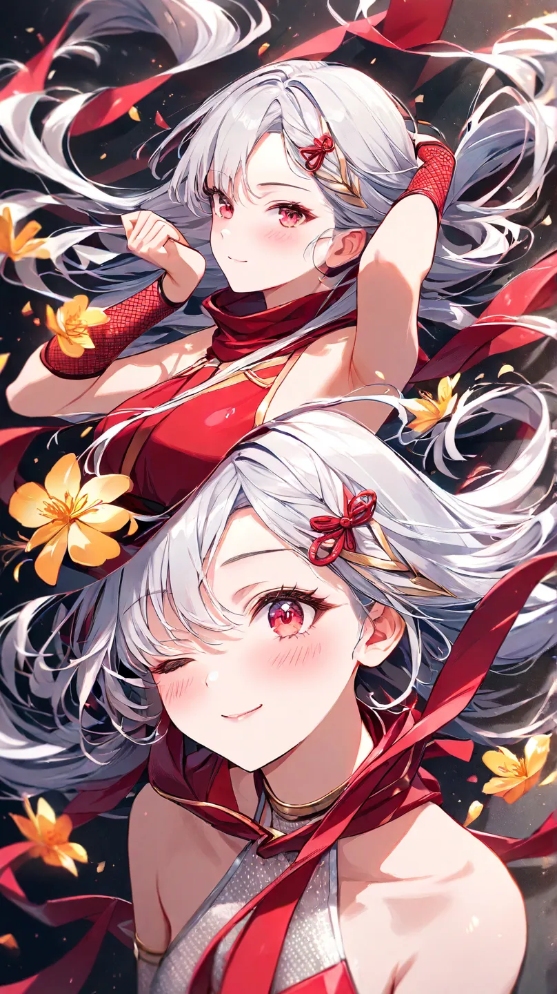  (masterpiece), ( Highest quality ), ( very detailed),(),(illustration), ( 1 girl)  gently staring ,   Scarlet Eyes with Beautiful Details（winks、Close one eye） Delicate beauty,  in a variety of colors (Shine),  focus on your face, bangs,  Floating Flower, ...