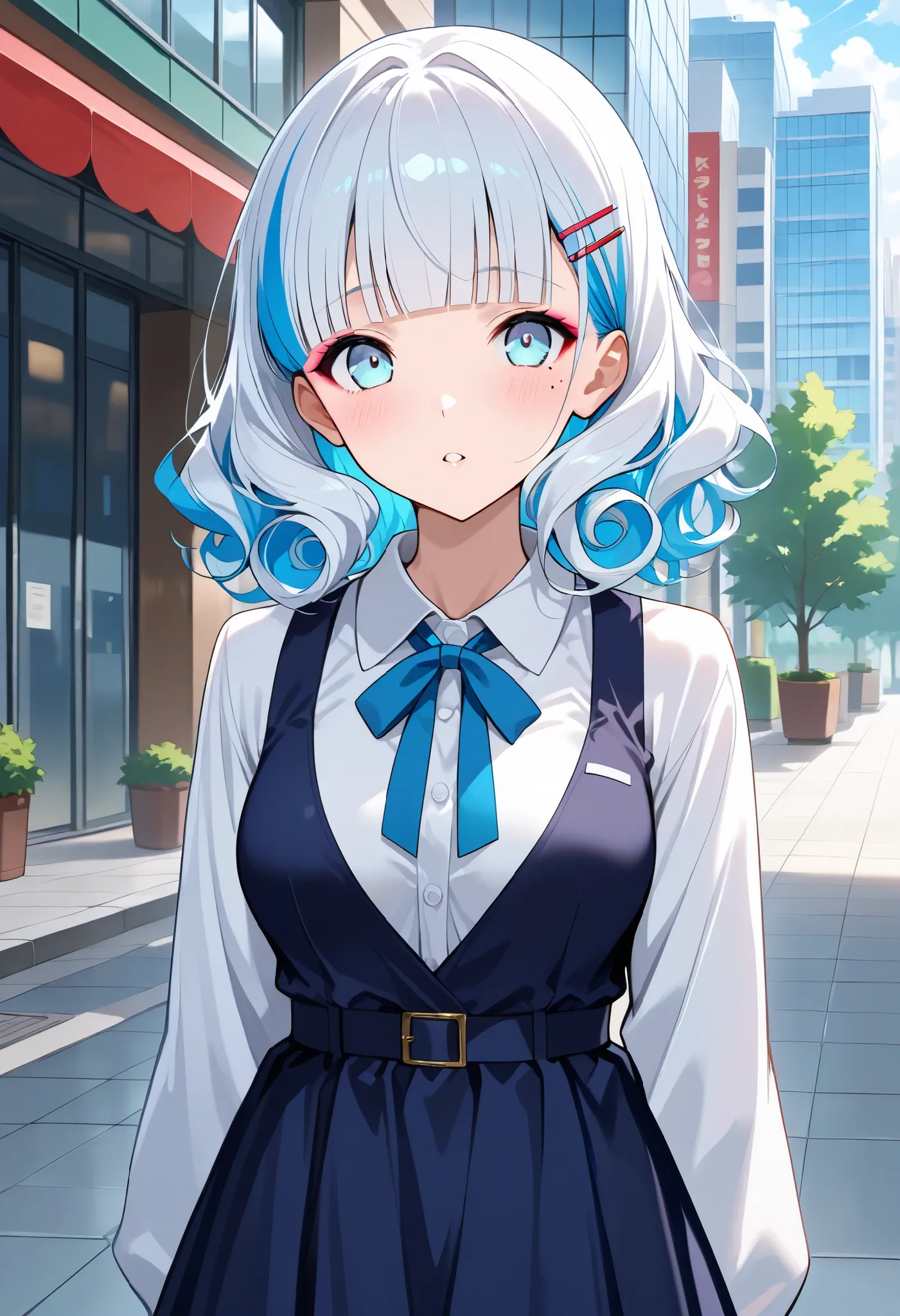  score_9,  score_8_up,  score_7_up,  score_6_up,  score_5_up,  score_4_up,  source_anime, tag1,  tag2, quality_masterpiece, anatomically accurate, (medium breasts), young woman, , curly hair, White Hair,  two-tone hair, blue hair, blunt bangs, side lock,  ...