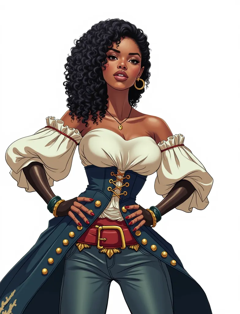 full body, Anime-style illustration inspired by One Piece, with bold linework, vibrant cel-shading, and detailed character designs. A black woman with curly hair, wearing a pirate dress outfit, Confident and cool pose, A slight smirk.
