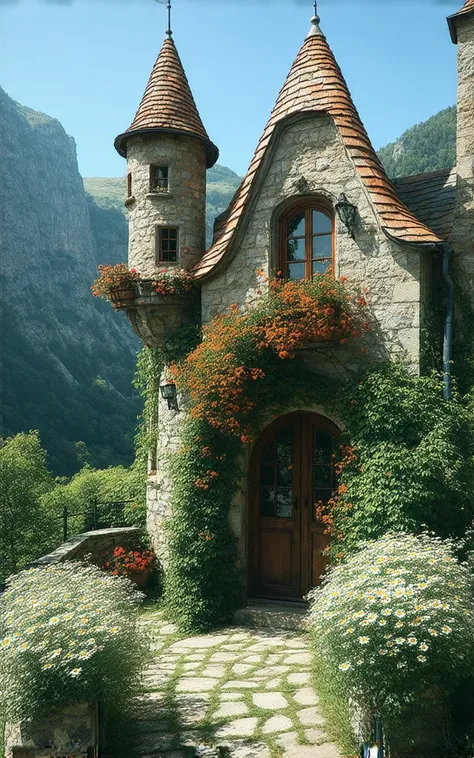 The image depicts a picturesque scene of a whimsical house nestled amidst lush greenery and towering cliffs. The house is characterized by its charming architecture, featuring a steeply pitched roof with red tiles and ornate detailing around the windows an...