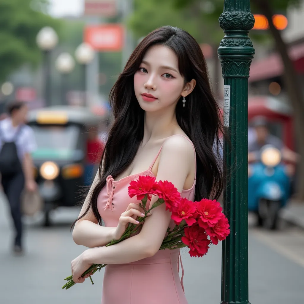 A slender and graceful young woman, with smooth skin and long flowing hair. Her delicate facial features are complemented by soft, natural makeup. She has large D-cup breasts that sag a little. She wears a fitted pink slip dress, with thin spaghetti straps...