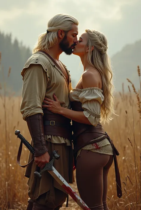 young couple, Both early twenties, standing on a battlefield, He holds a bloody sword in his hand and with the other he pulls it close to him by the hip,  they kiss , while there are blood and s around them. She is holding a fencing sword. They both have w...