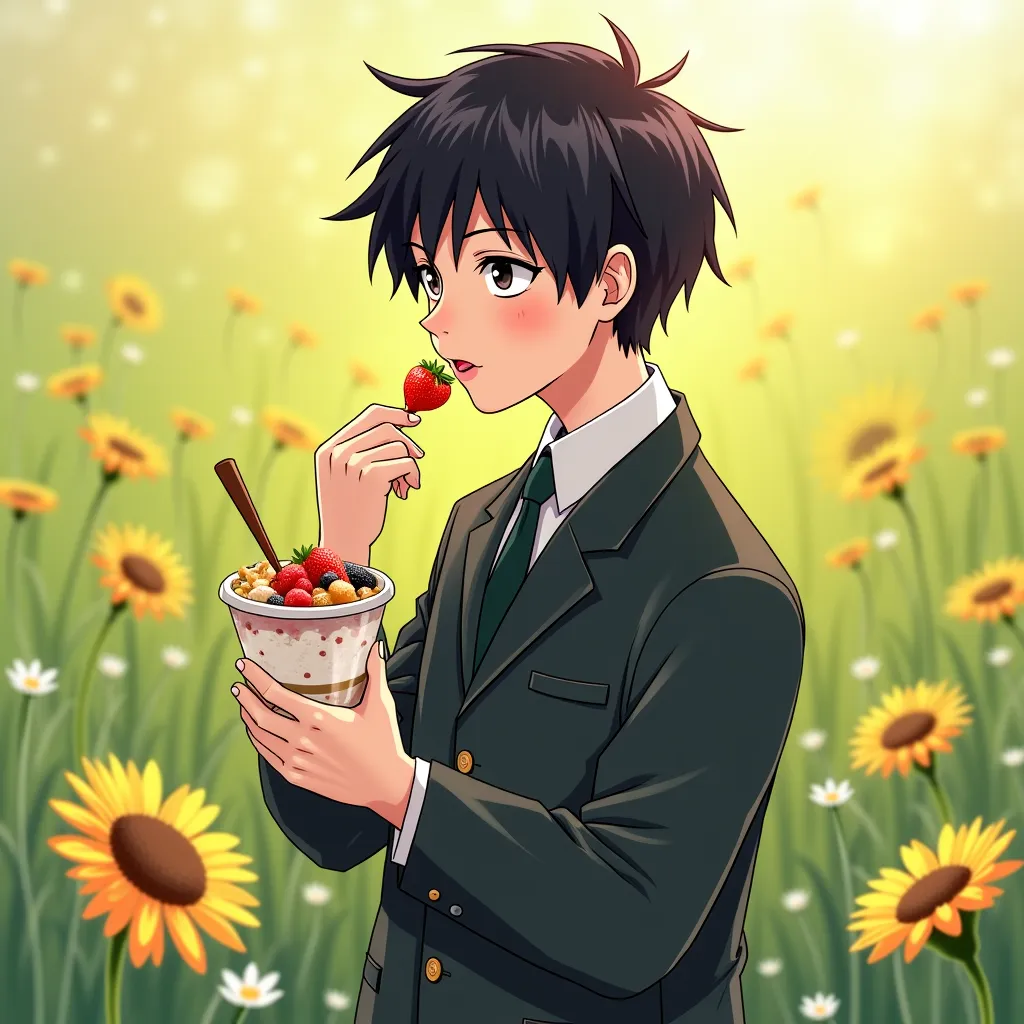 TrolanolonolonolonolonolonolonolonolonolonolonolonolonolonolaT(Tall Dark Black Haired Dark Black Eyed overweight Gakuran uniform Boy): eating a healthy parfait,Warm spring morning, Wappingers Falls NY field 