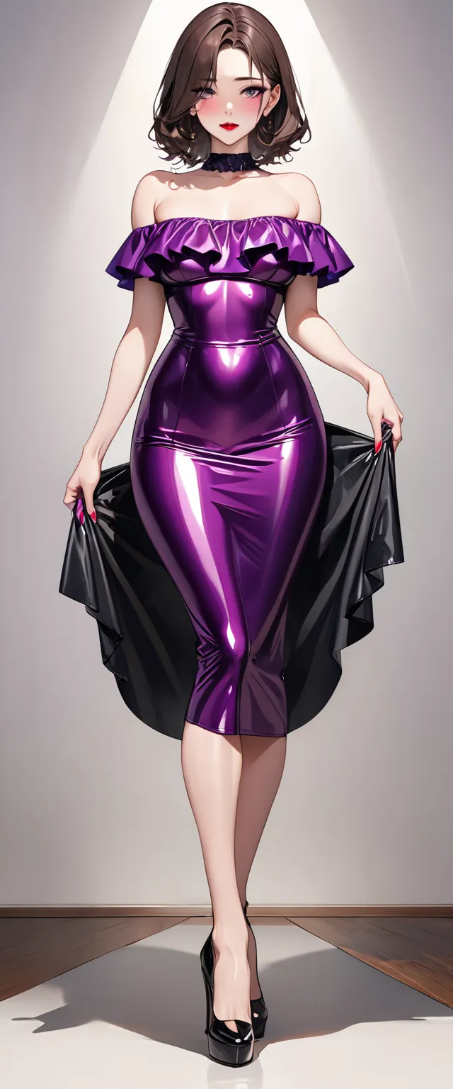 Full body photo、(Pictured from head to toe:1.4)、aunt Cass, (masterpiece,Highest quality,Ultra-high resolution),Japanese women, (((Very beautiful 30 year old woman))),　Purple latex long skirt、Off-the-shoulder dress、The clothes fit very well、Latex has a very...