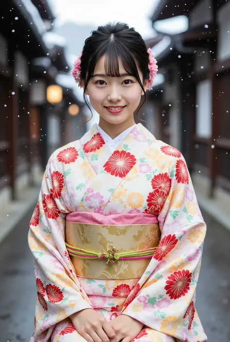 A petite young Japanese woman in her 20s wearing a modern kimono and smiling happily is sitting in front of the torii gate of a snowy shrine, (((Her arms are clasped behind her back and her legs are spread wide on both sides in an M-shape, showing off her ...