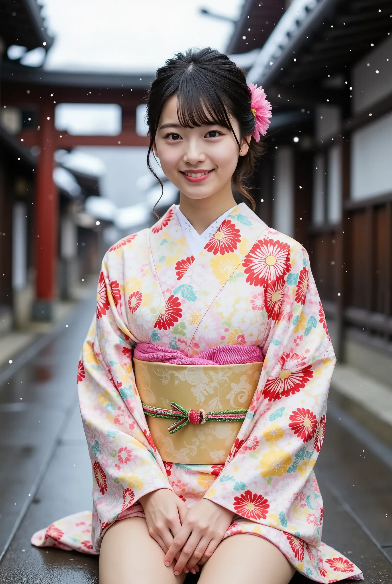 A petite young Japanese woman in her 20s wearing a modern kimono and smiling happily is sitting in front of the torii gate of a snowy shrine, (((Her arms are clasped behind her back and her legs are spread wide on both sides in an M-shape, showing off her ...