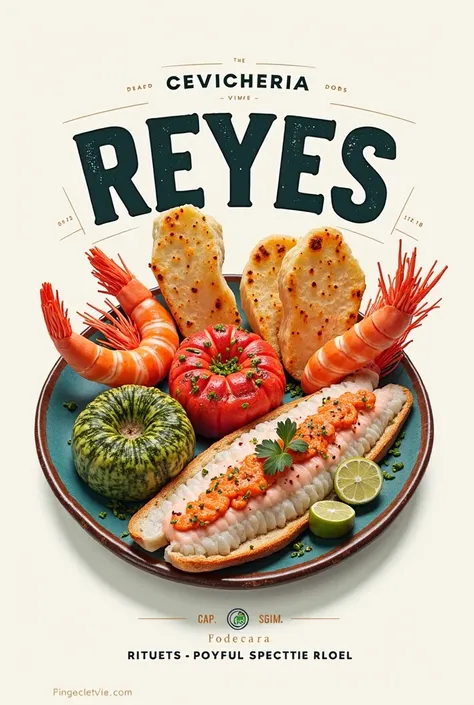 A logo that says Cevicheria Reyes and has an image of aguachile, Shrimp, sauces, toasts and toasts