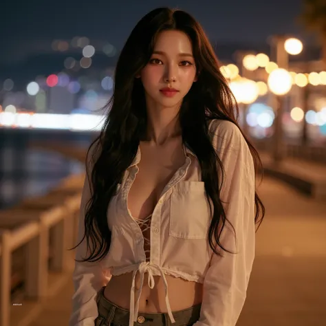 full body photo of a young Korean woman, large D-cup breasts, ethereal beauty, Warm brown skin with a soft sheen, appearing radiant and smooth, natural with no make up. Her outfit is Western shirt, midriff, Bohemian harem pants. Rule of thirds. In the back...