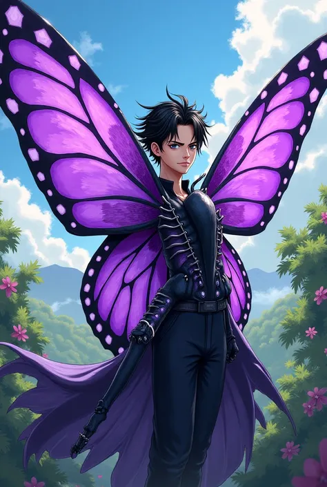 One Piece art style, make a purple butterfly, male, it is a hybrid of human and butterfly, and it will also have very stylish black hair of medium length. 