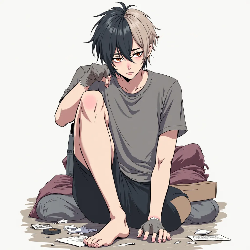 man, Japanese manga characters,2d character,White tee,white skin, Dark Circles, My Room ,messy,black hair