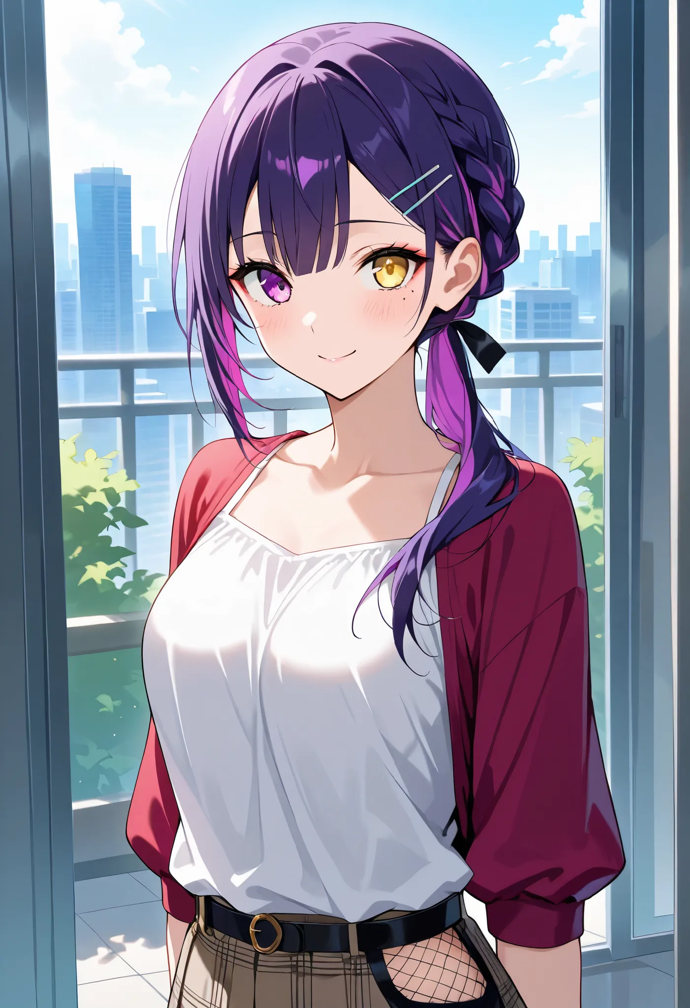  score_9,  score_8_up,  score_7_up,  score_6_up,  score_5_up,  score_4_up,  source_anime, tag1,  tag2, quality_masterpiece, anatomically accurate, (medium breasts), young woman,  braid ponytail,  purple hair,  two-tone hair,  golden mesh hair , blunt bangs...