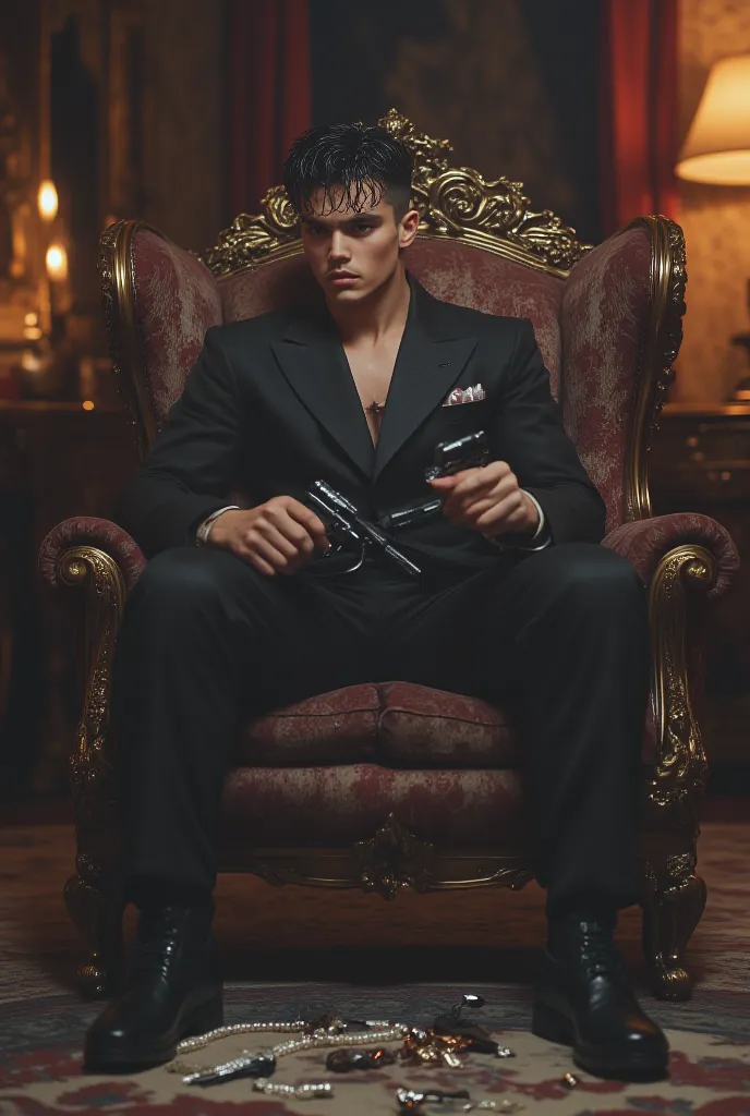 Attractive young man mobster sitting on a chair with pearl necklaces broken on the floor, He is sitting in a throne-type chair with a fake gun in his hands 