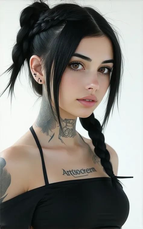 Latin woman Emo braided black hair brown eyes, a black top, with tattoos, full body image,  realistic art style ,  portrait of Rossdraws , portrait of art germ,  realistic art style , realistic digital art 4k, realistic digital art 4k, german art bokeh 8k,...