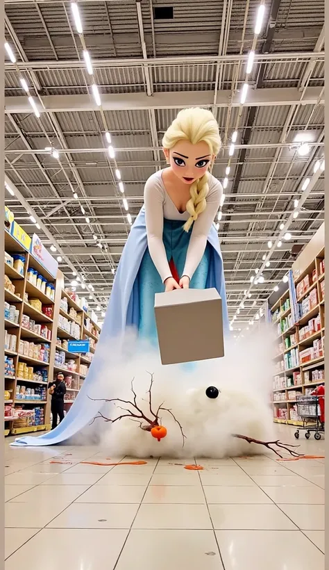 "A hyper-realistic 3D-style cartoon woman, resembling gaint Elsa from Frozen, kneels on the glossy floor of a massive IKEA-like warehouse store. She wears a light blue dress stained with dripping red pizza sauce. In both hands, she holds two halves of a br...