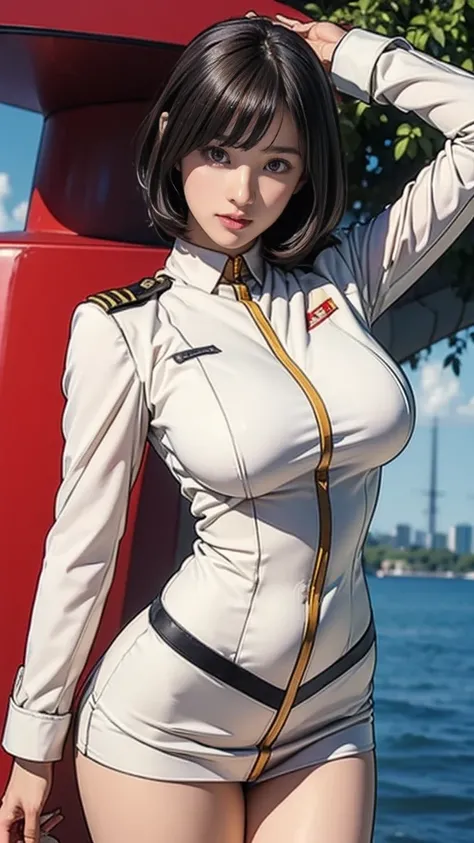  Earth Federation Force Operator Girl 、black short hair、 cute like an idol、ish face and appearance、Accurately drawn faces、thin、( Saggy Breasts :1.5),  Earth Federation Force uniform 、 white uniform、( fitted uniform with arms raised and tied:1.3)、Very thin ...