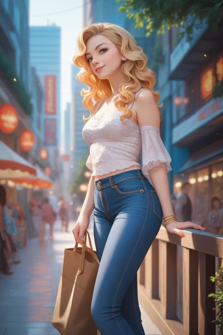 Animé, , wearing denim jeans, gold wavy hair, 