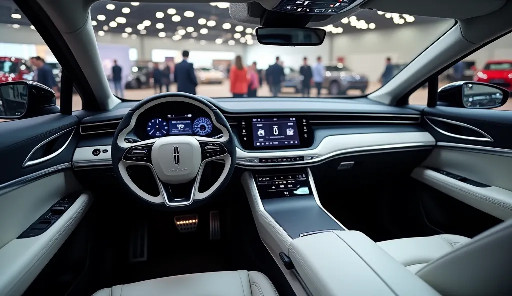 "Highly detailed and realistic interior of 2025 Lincoln mkx   a modern car, showcasing a luxurious dashboard silver with digital displays, front view a sleek steering wheel featuring a  Lincoln mkx, high-tech controls, and a premium finish. The environment...