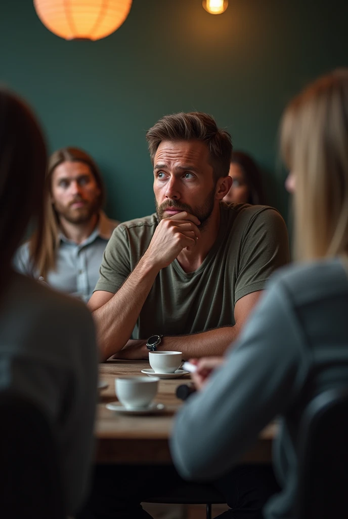 a man seats between others and listens