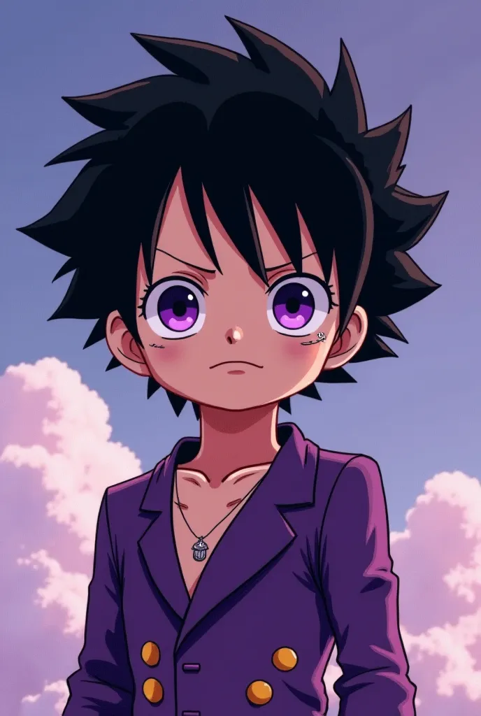 One Piece art style, the character will have black hair And also his eyes will be purple like amethyst, his hair will be soft like a cloud, he will also be wearing an outfit that makes him look happy but at the same time sad