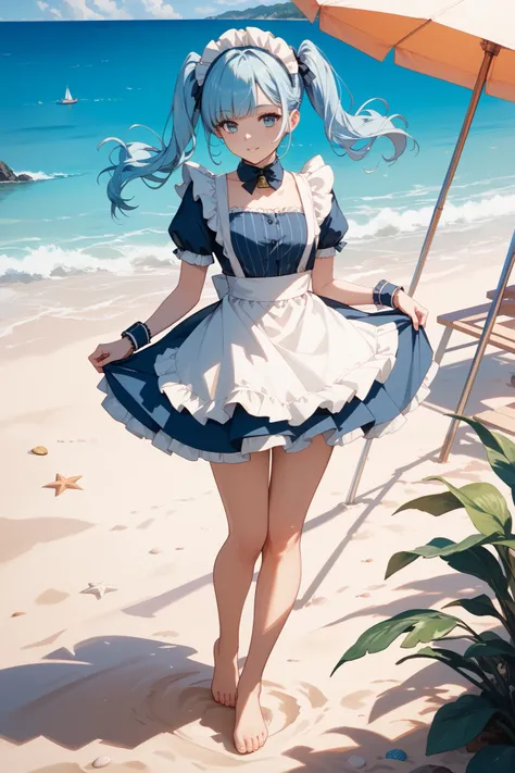 Maid　light blue　 Hairstyle Twin Tails　 barefoot　  standing　 sandy beach